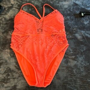 Bright coral pink crochet swimsuit